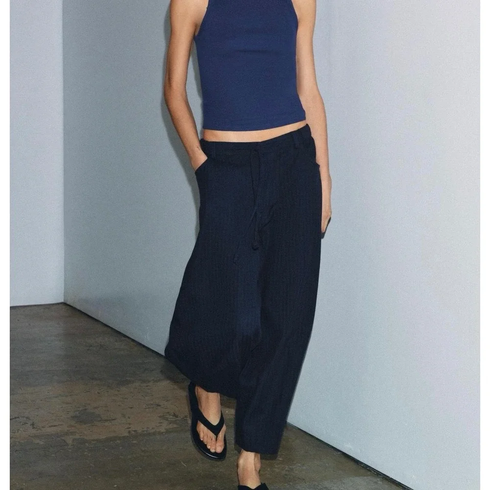 NWT Zara Woman ZW Collection Herringbone Textured Wide Leg Pants Navy Blue
